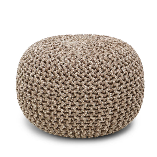 round Pouf Ottoman - Hand Knitted Cable Boho Poof Home Décor Pouffe Circular Footrest for Living Room - Nursery - Bedroom - Lounge 100% Cotton (19.5"X19.5"X14") - Beige Ivory