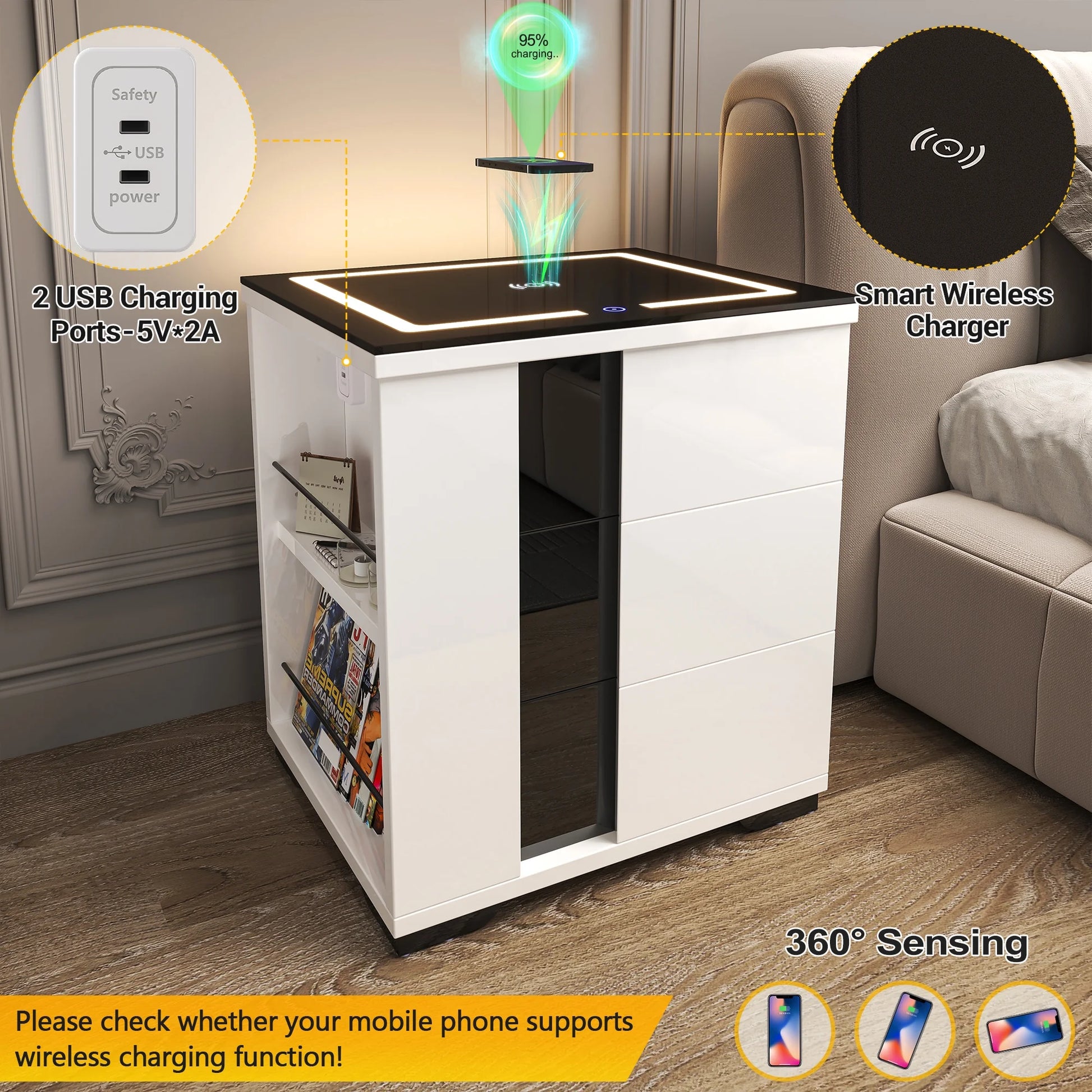 White Side Table End Table with Adjustable Shelf, LED Nightstand with Wireless Charging Station, High Gloss Bedside Table with USB Charging, Smart Night Stand for Home Office Use (Left Side)