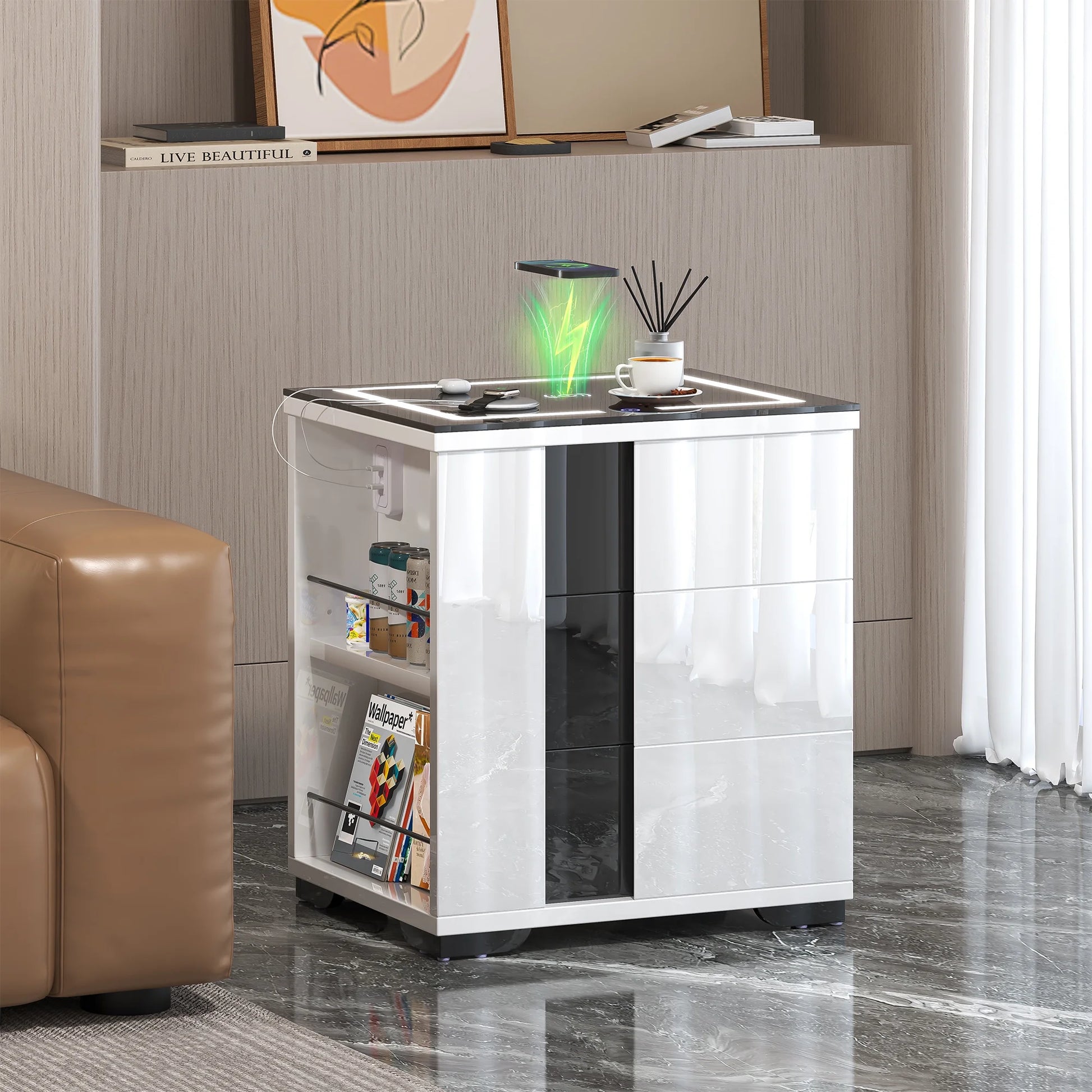 White Side Table End Table with Adjustable Shelf, LED Nightstand with Wireless Charging Station, High Gloss Bedside Table with USB Charging, Smart Night Stand for Home Office Use (Left Side)