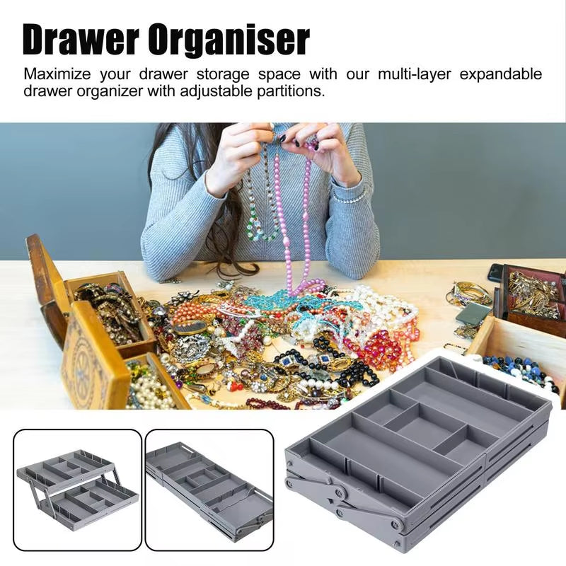 Drawer Organizer Tray 2/3 Tier Storage Expandable Drawer Jewelry Organizer Foldable Desktop Organizer Box for Cosmetics